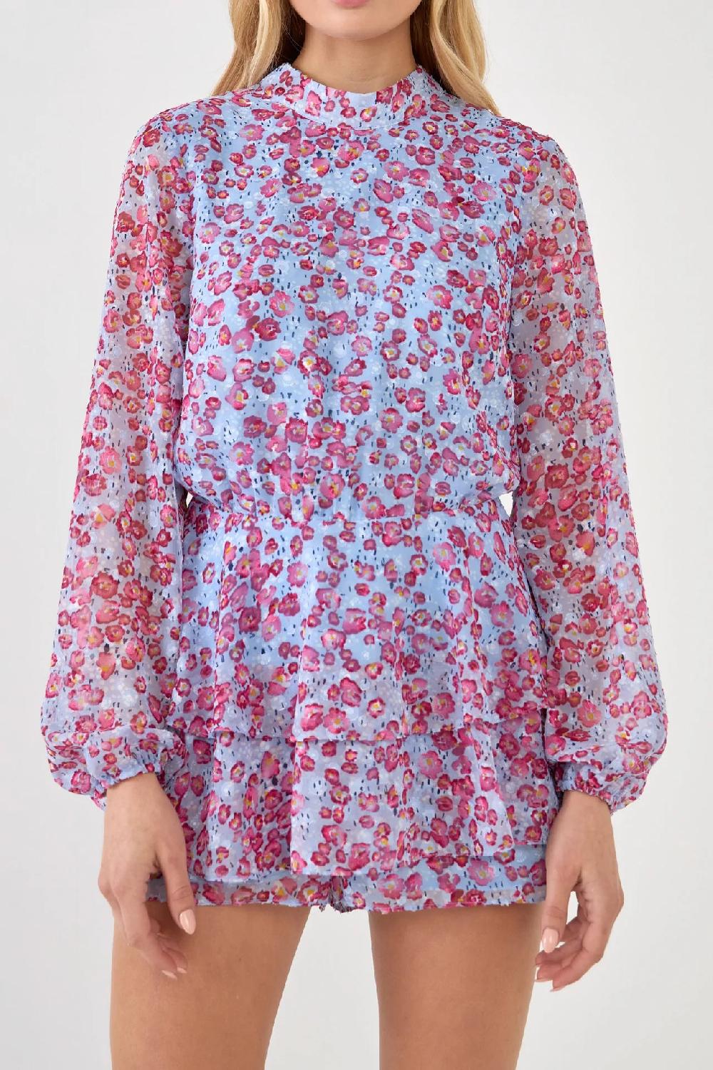 Endless Rose Long-Sleeve Floral Romper BLUE/PINK
