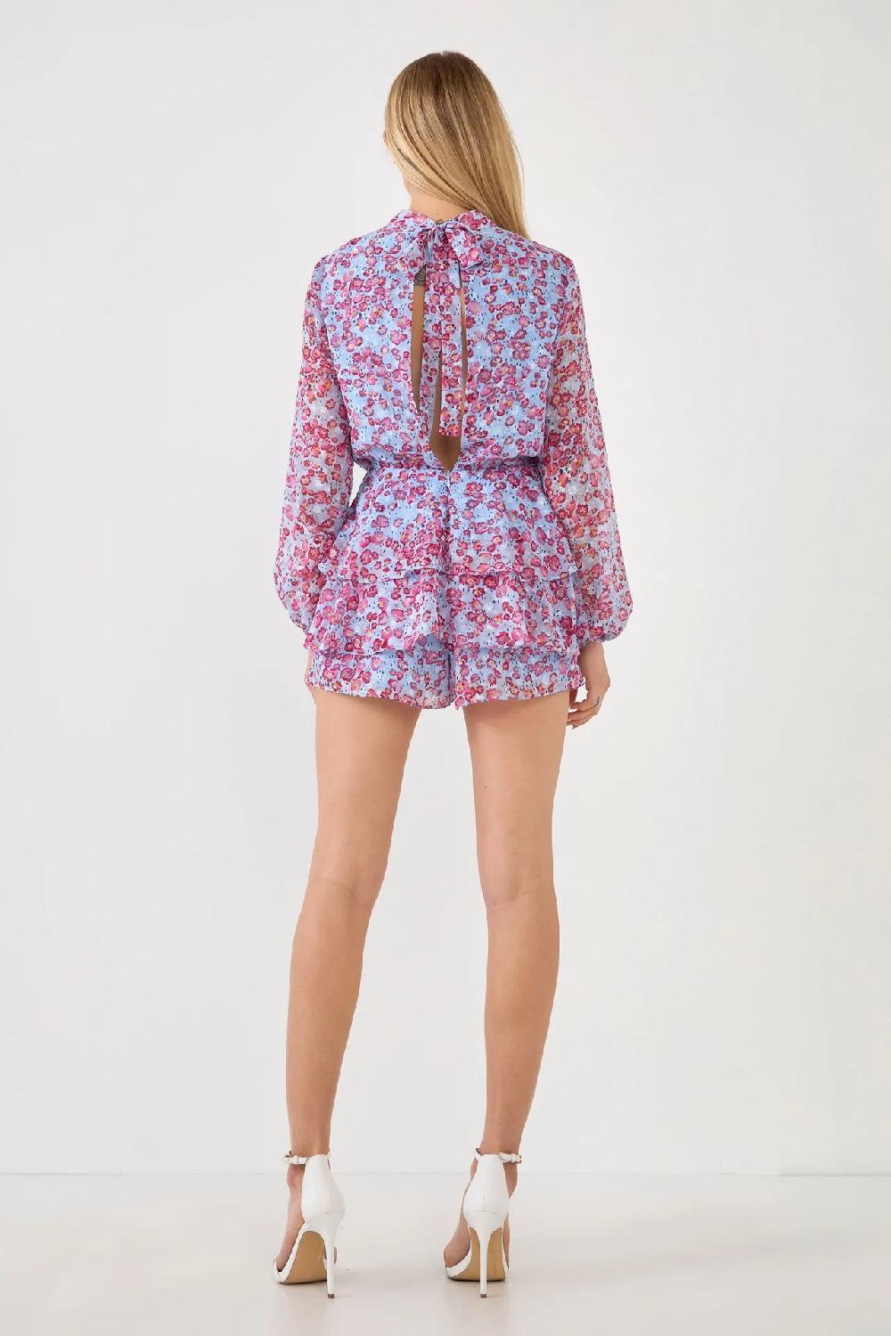 Endless Rose Long-Sleeve Floral Romper BLUE/PINK