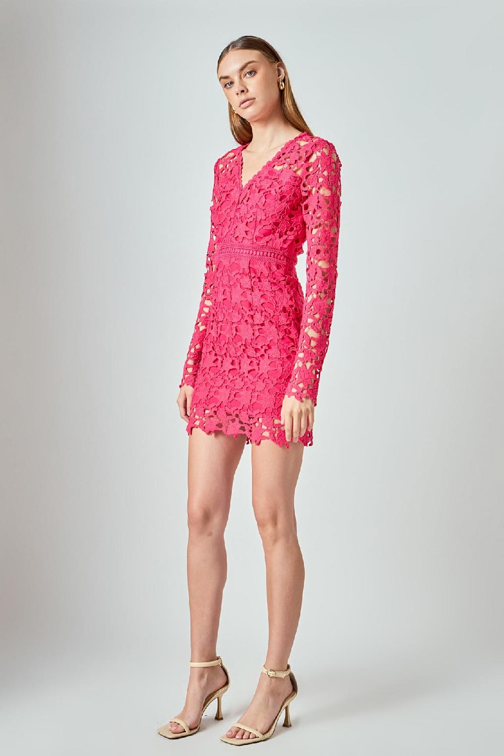 Endless Rose Long Sleeve Lace Mini Dress FUCHSIA