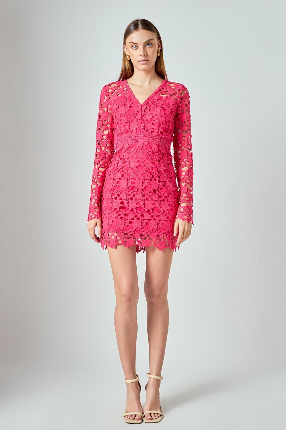 Endless Rose Long Sleeve Lace Mini Dress FUCHSIA