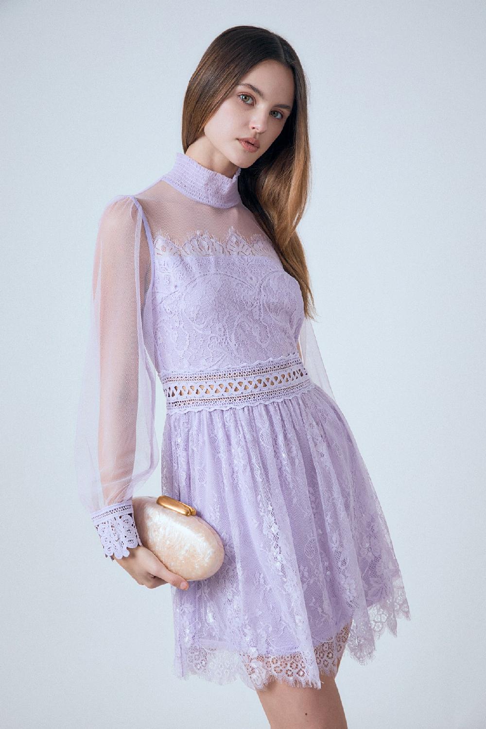 endless rose Long Sleeve Lace Mini Dress LILAC