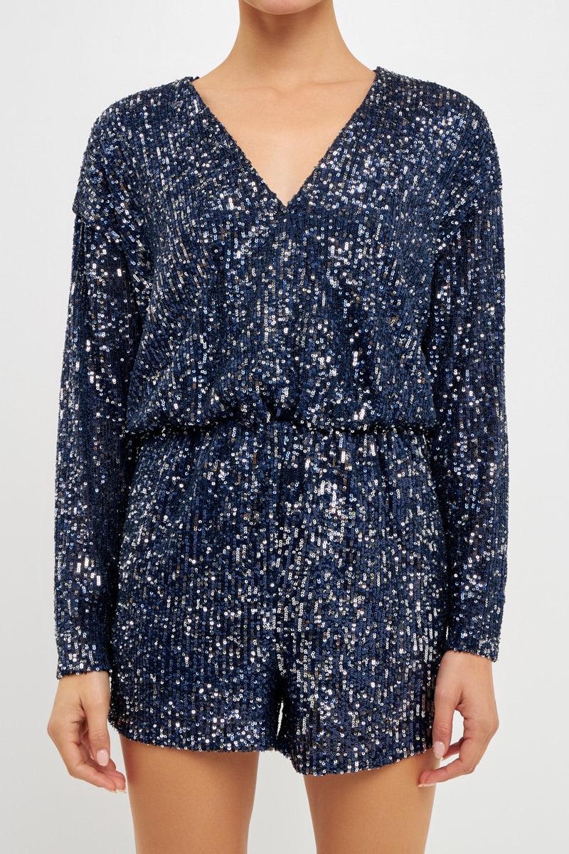 Endless Rose Long Sleeve Sequin Romper BLUE COMBO