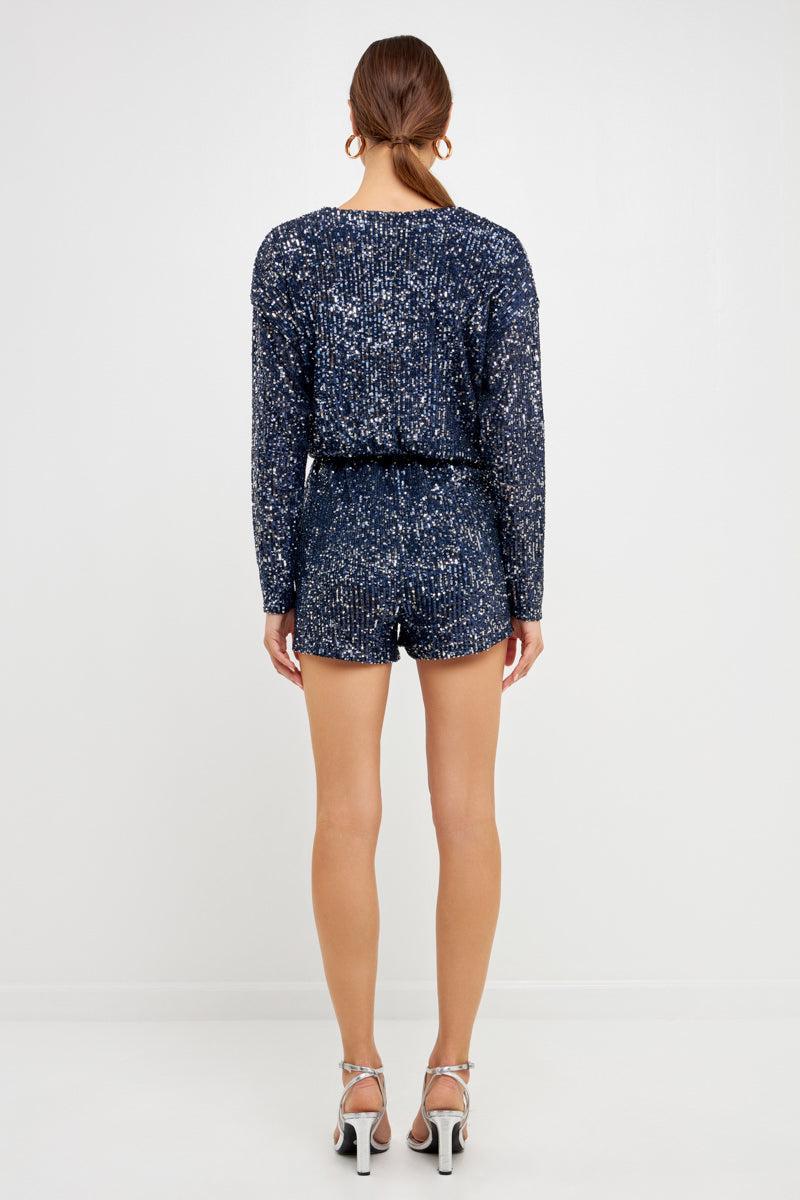 Endless Rose Long Sleeve Sequin Romper BLUE COMBO