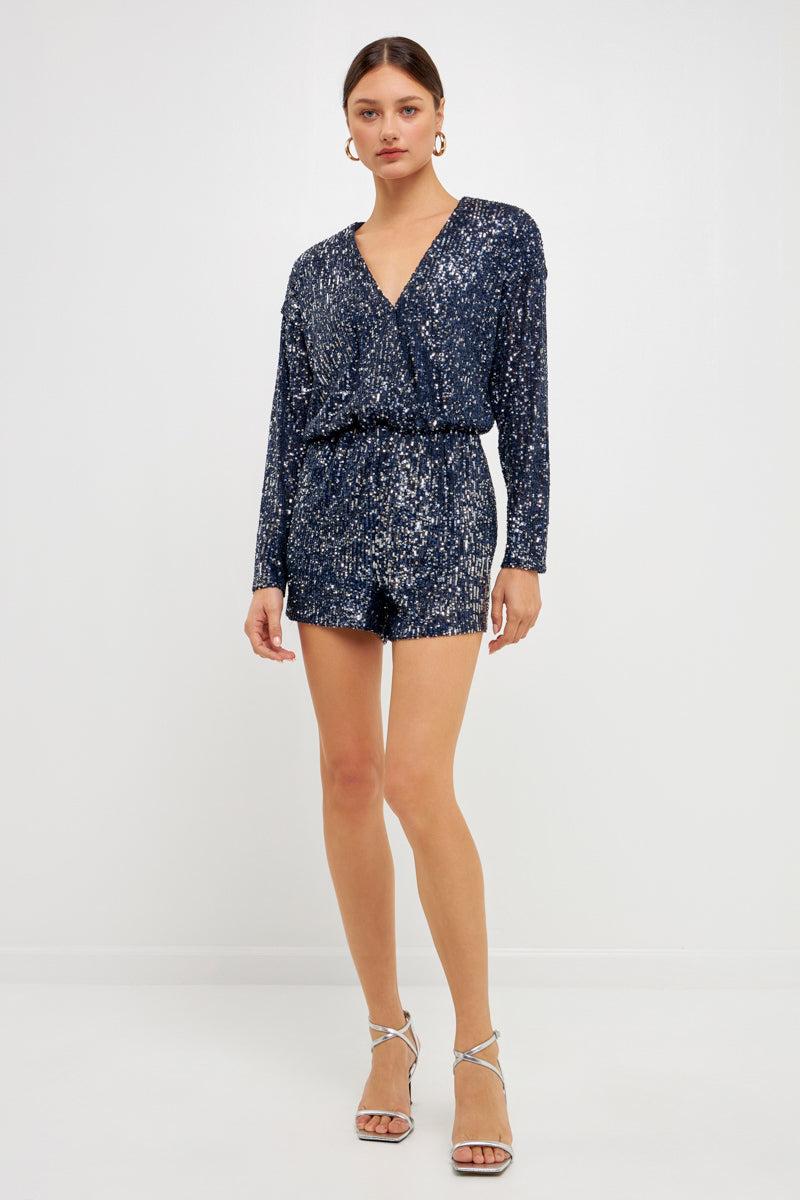 Endless Rose Long Sleeve Sequin Romper BLUE COMBO