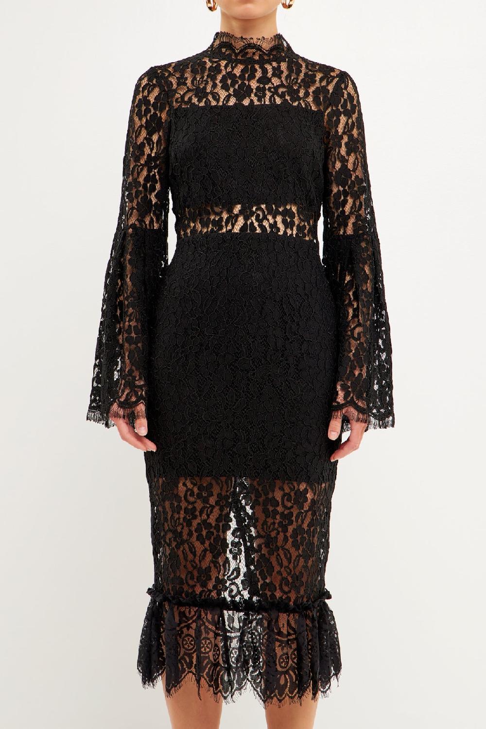 Endless Rose Long-Sleeved Lace Midi Dress BLACK