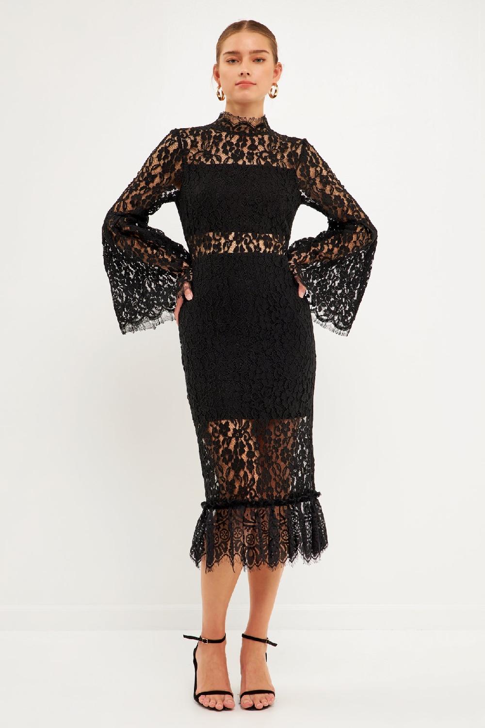 endless rose Long-Sleeved Lace Midi Dress BLACK