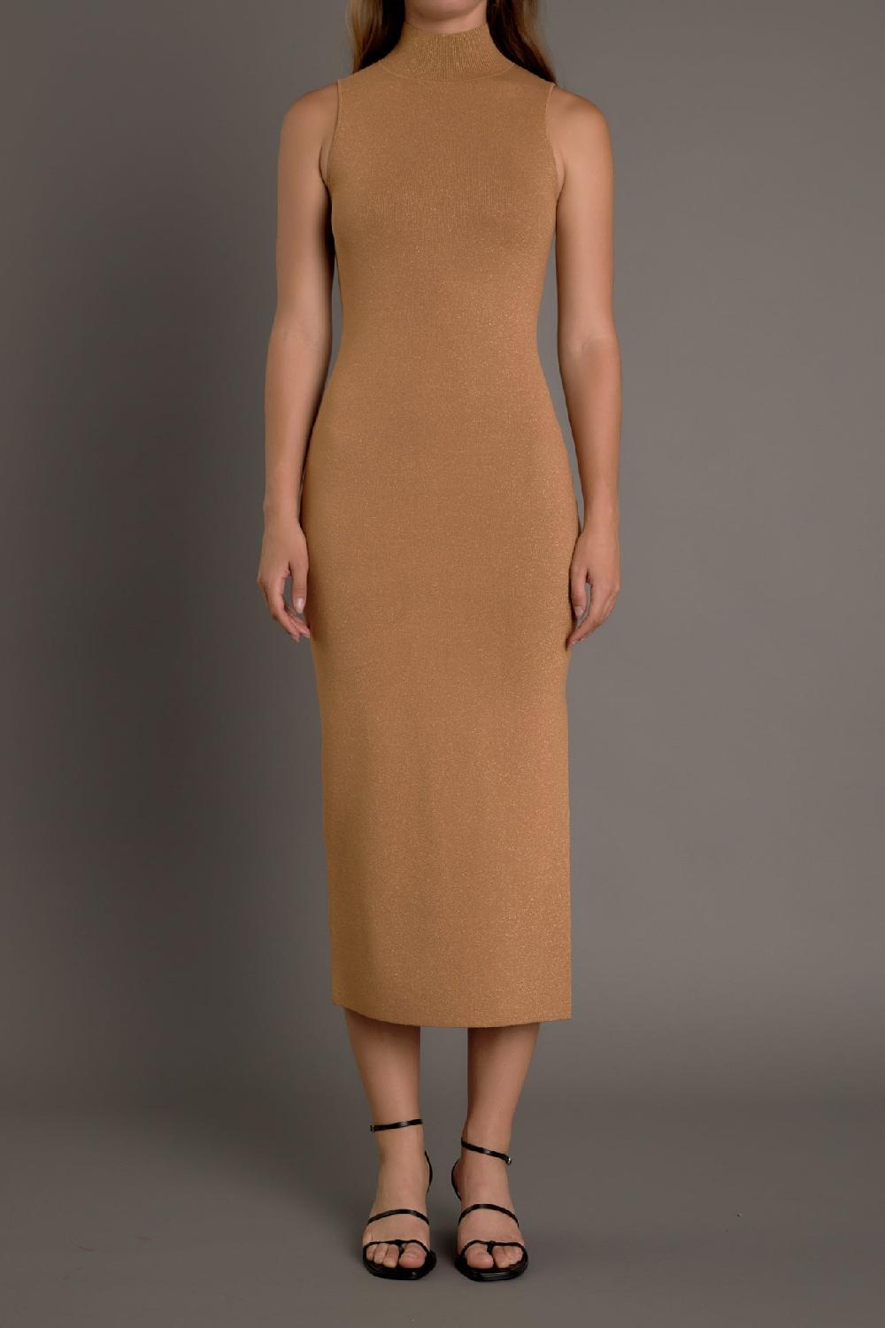 Endless Rose Lurex High Neck Midi Dress CAMEL