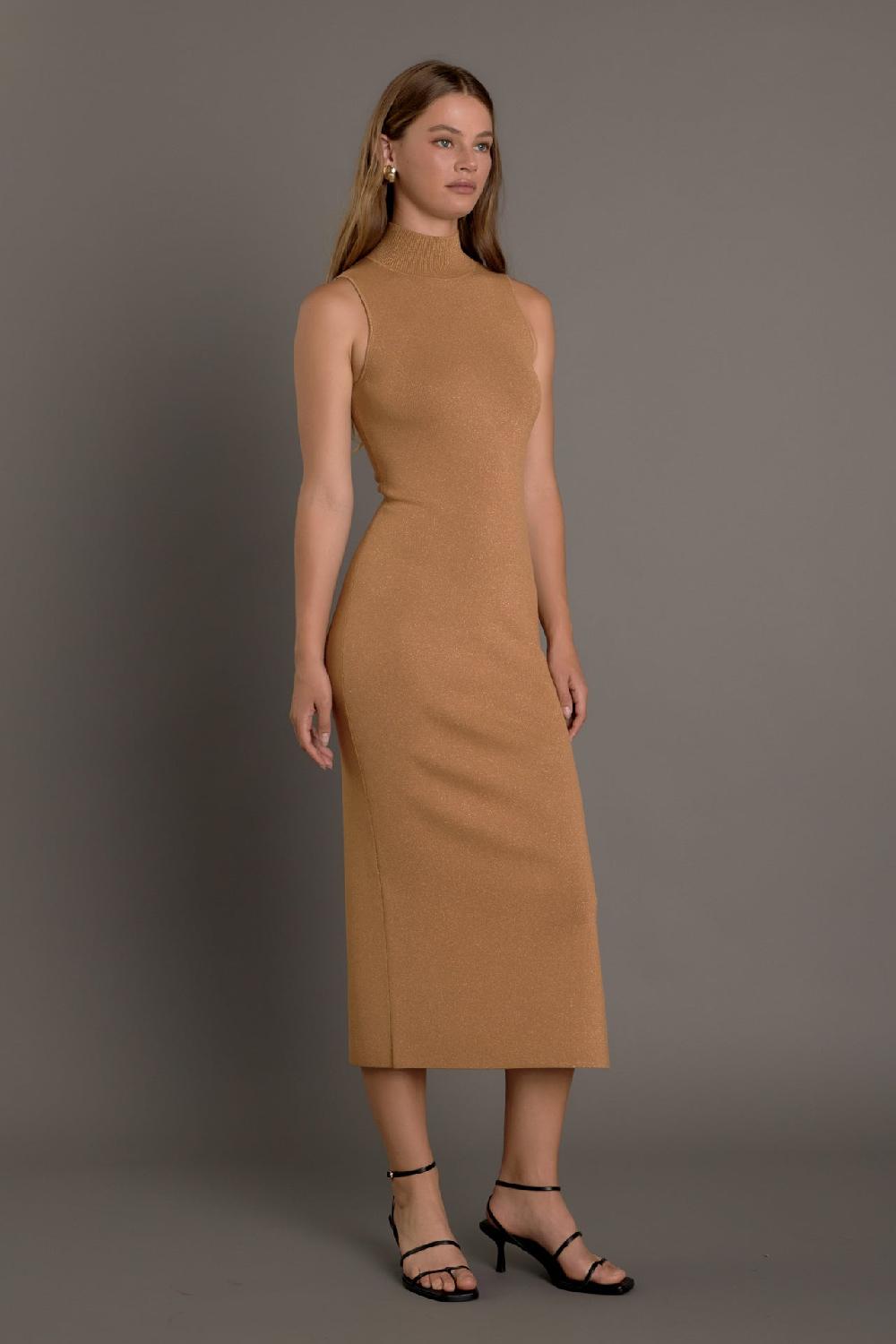 Endless Rose Lurex High Neck Midi Dress CAMEL