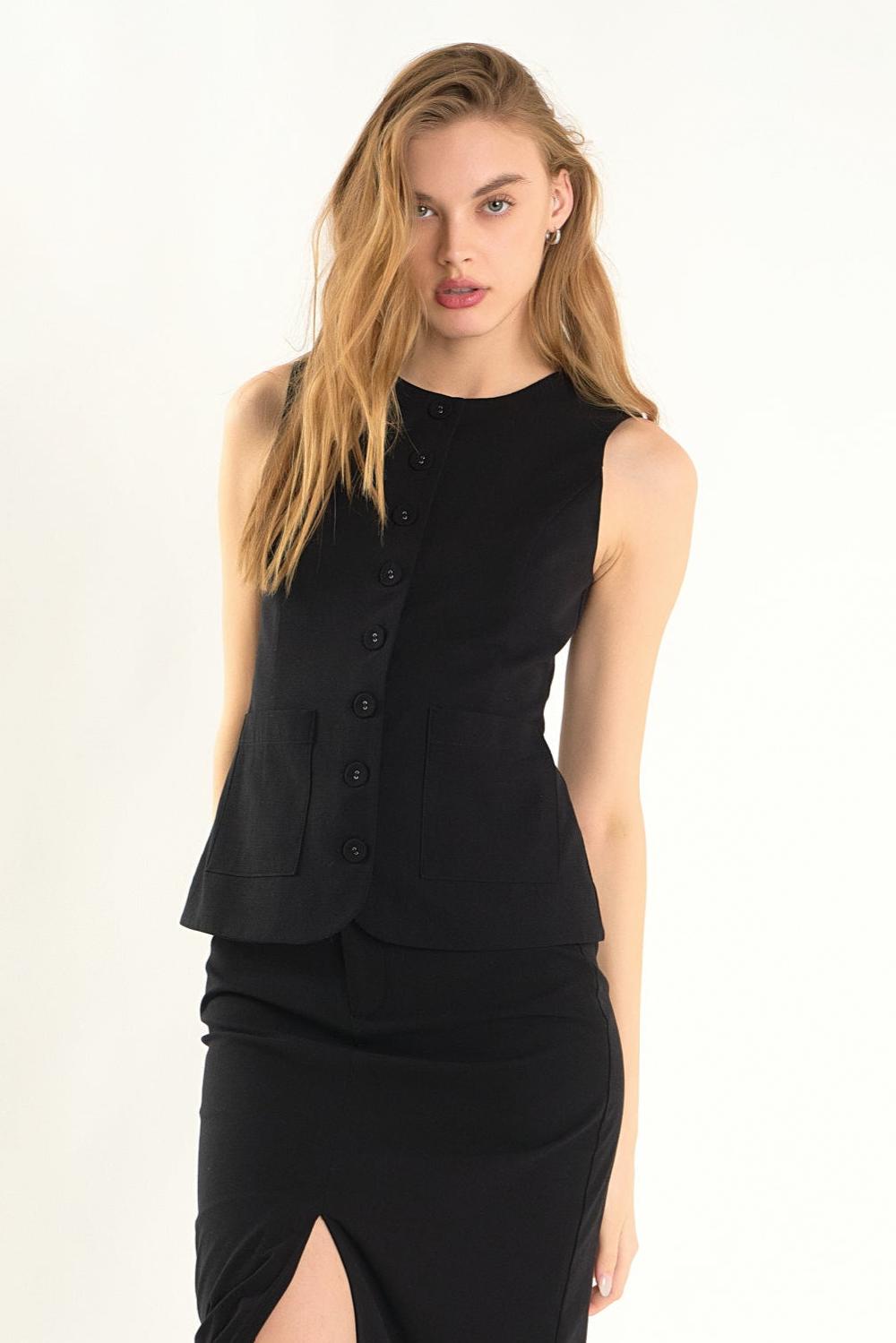 endless rose Margaux Sleeveless Linen Vest BLACK