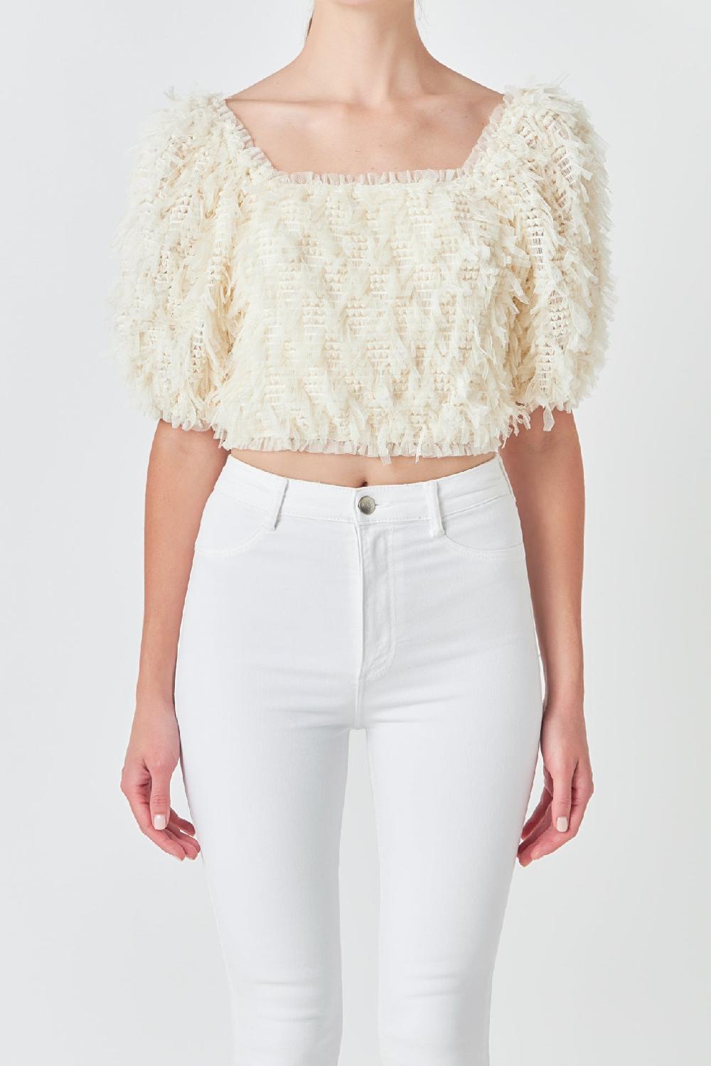 Endless Rose Mesh Trimmed Puff Sleeve Top CREAM