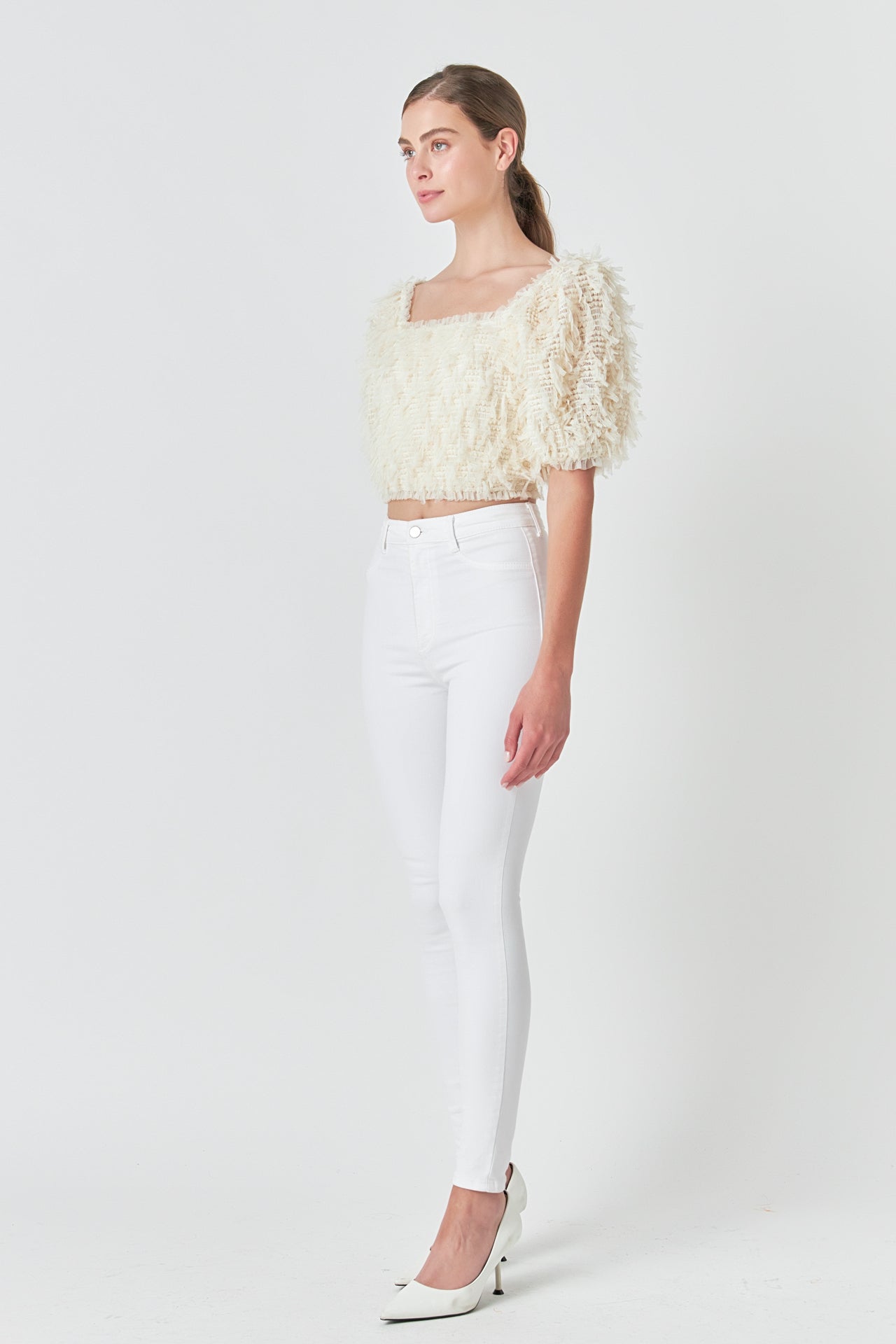 Endless Rose Mesh Trimmed Puff Sleeve Top CREAM