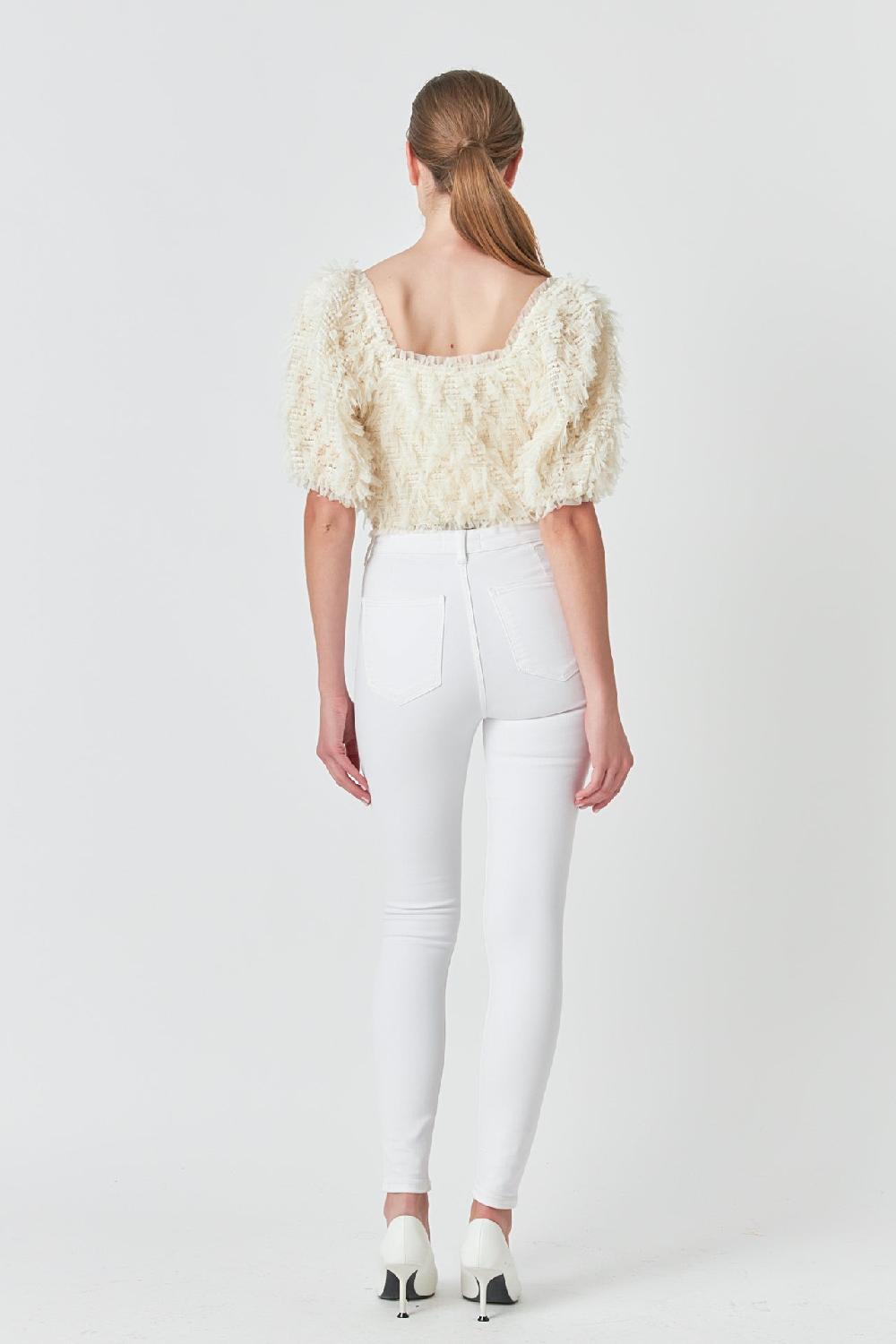 Endless Rose Mesh Trimmed Puff Sleeve Top CREAM