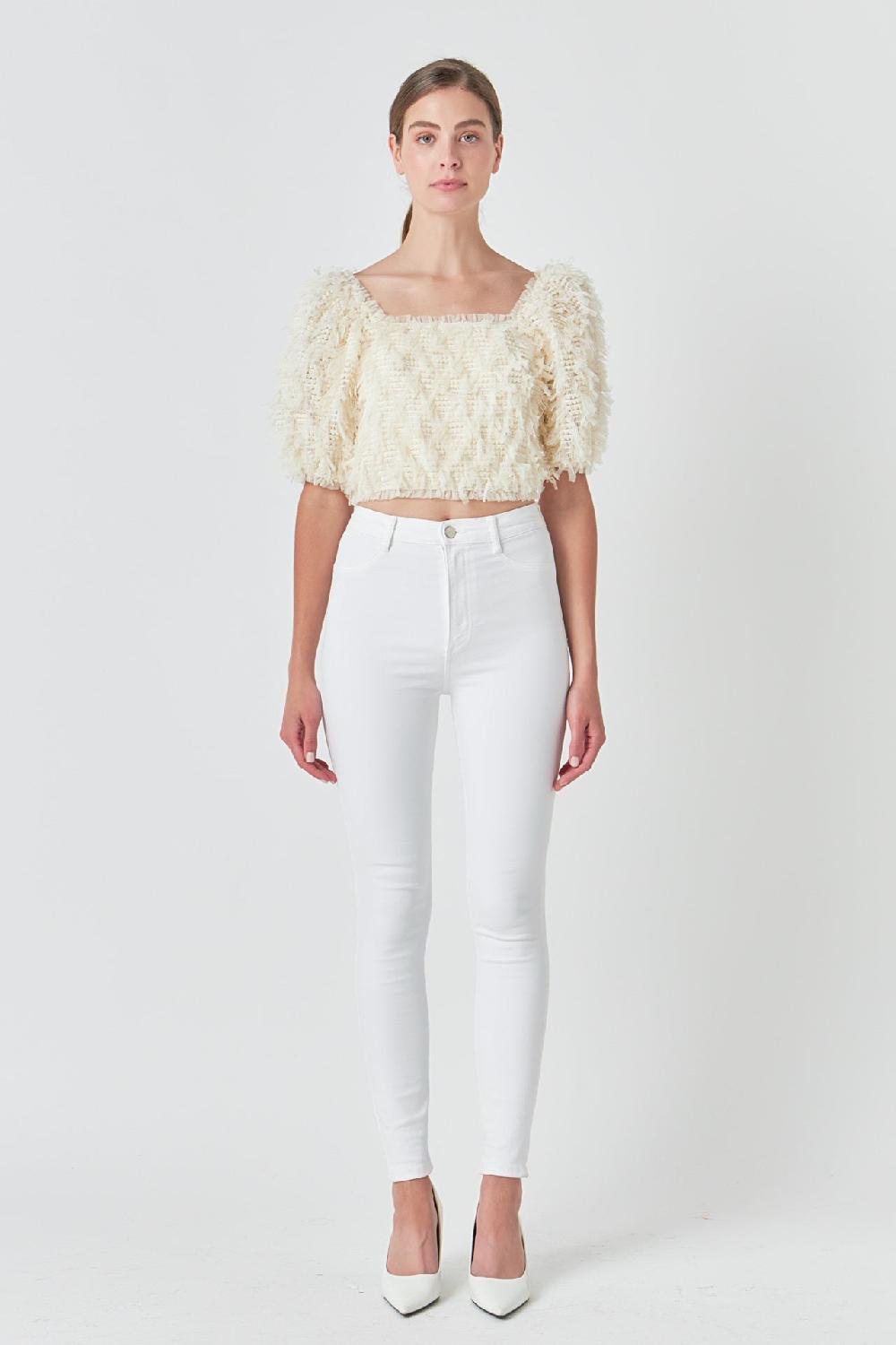 endless rose Mesh Trimmed Puff Sleeve Top CREAM