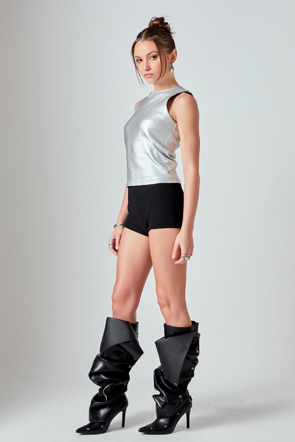 Endless Rose Metallic Ribbed Sleeveless Top SILVER