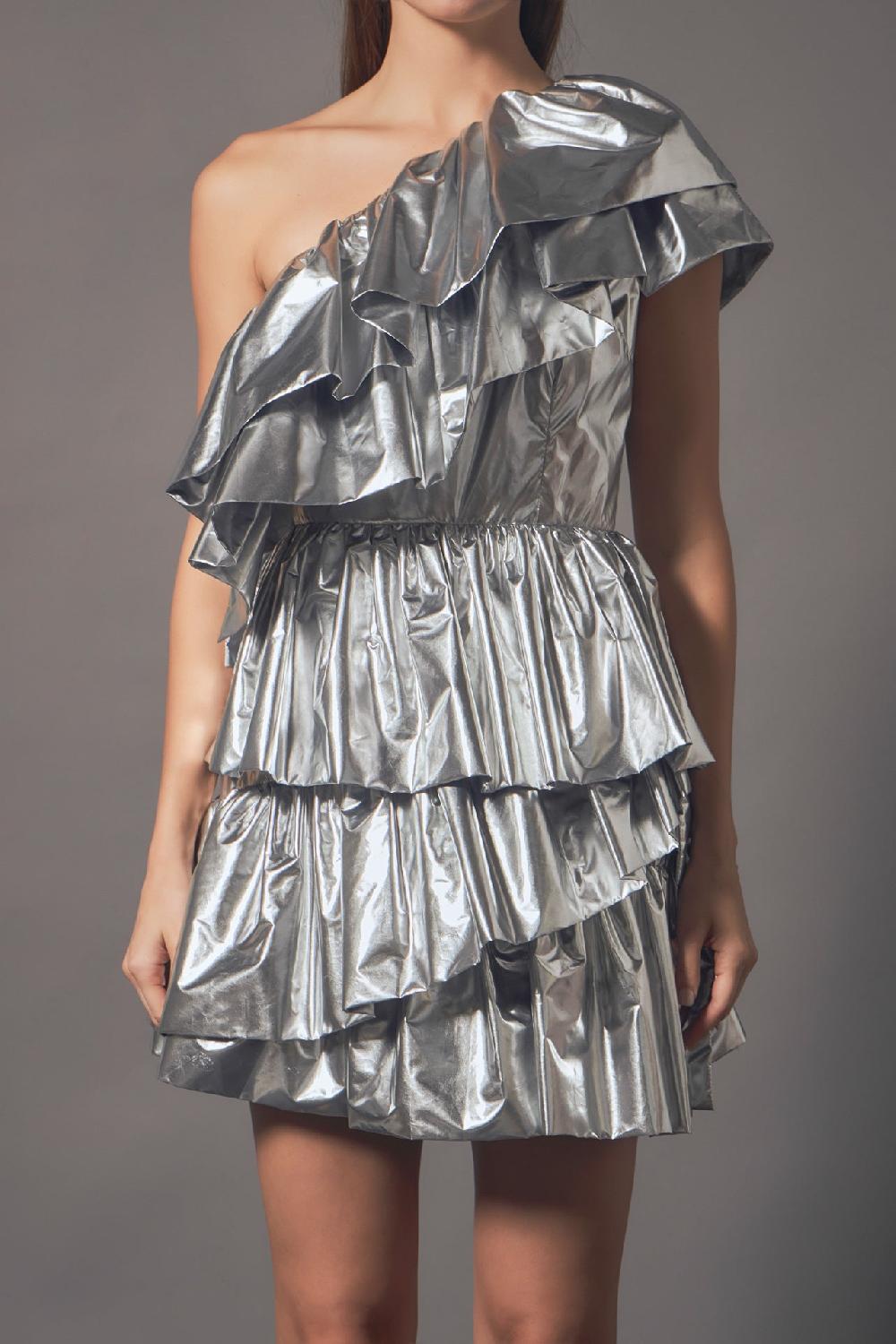 Endless Rose Metallic Tiered Mini Dress SILVER