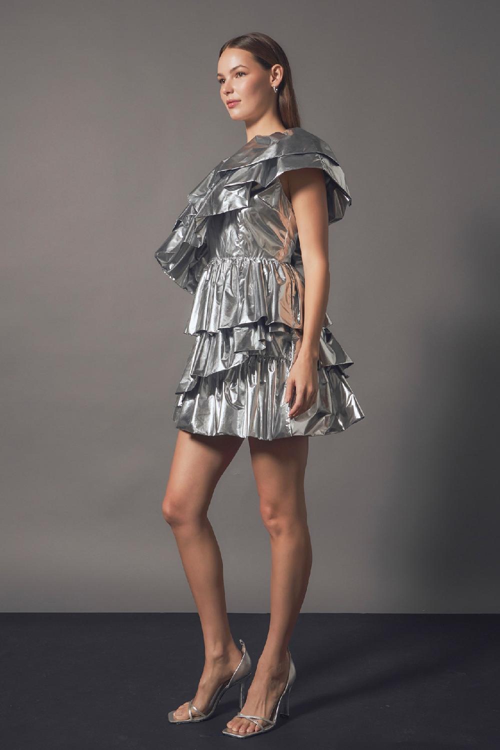 Endless Rose Metallic Tiered Mini Dress SILVER