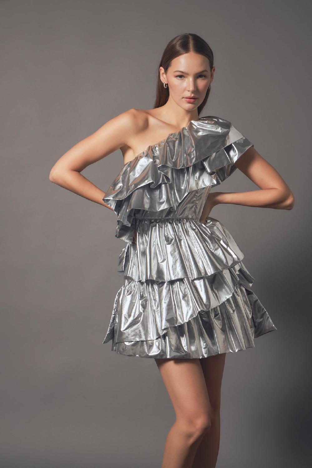 endless rose Metallic Tiered Mini Dress SILVER