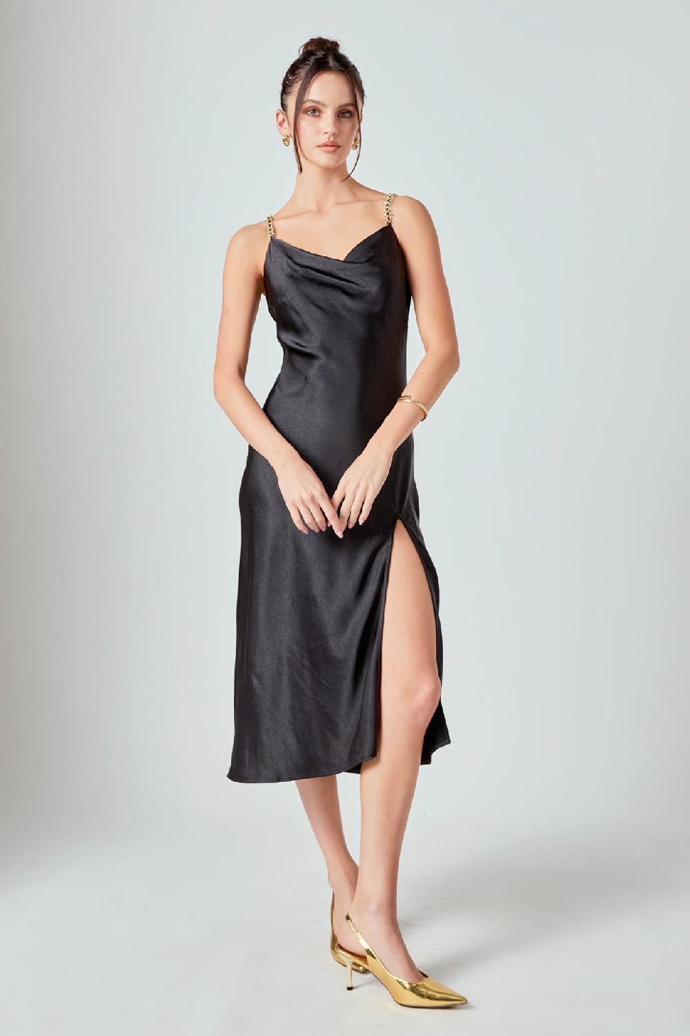 endless rose Midi Satin Slip Dress BLACK