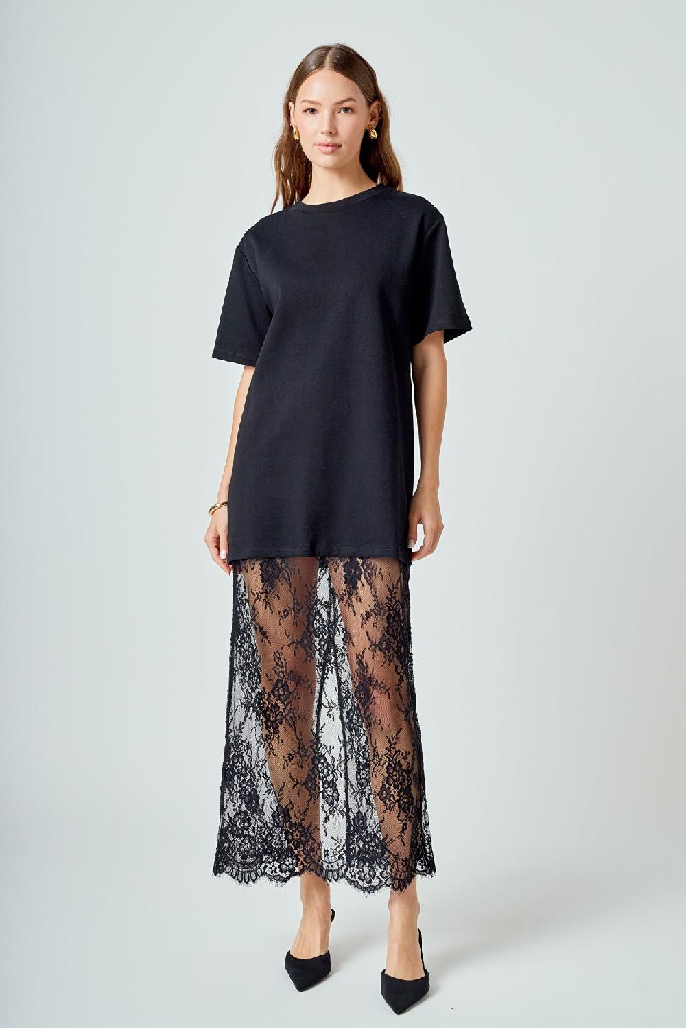 endless rose Mix Media T-shirt Lace Dress BLACK