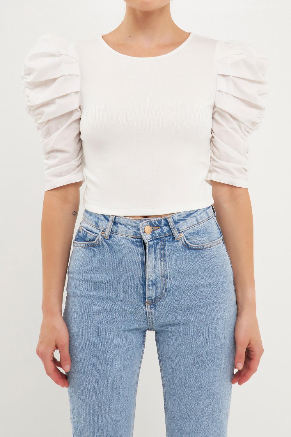 Endless Rose Mixed Media Puff Sleeve Top BLACK