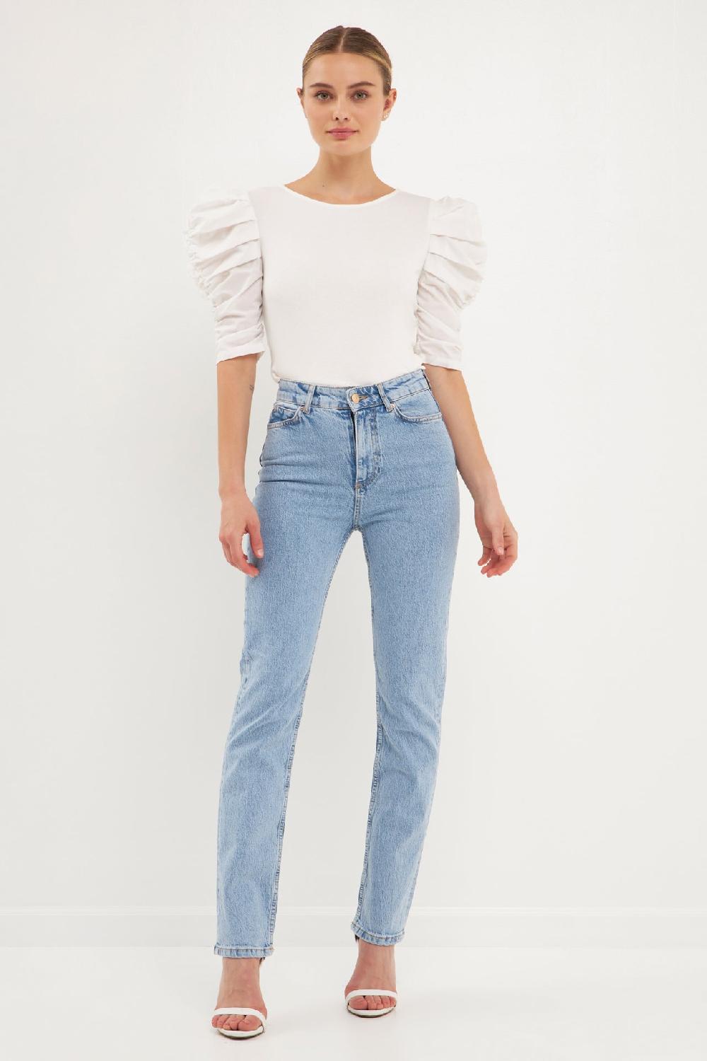 endless rose Mixed Media Puff Sleeve Top BLACK