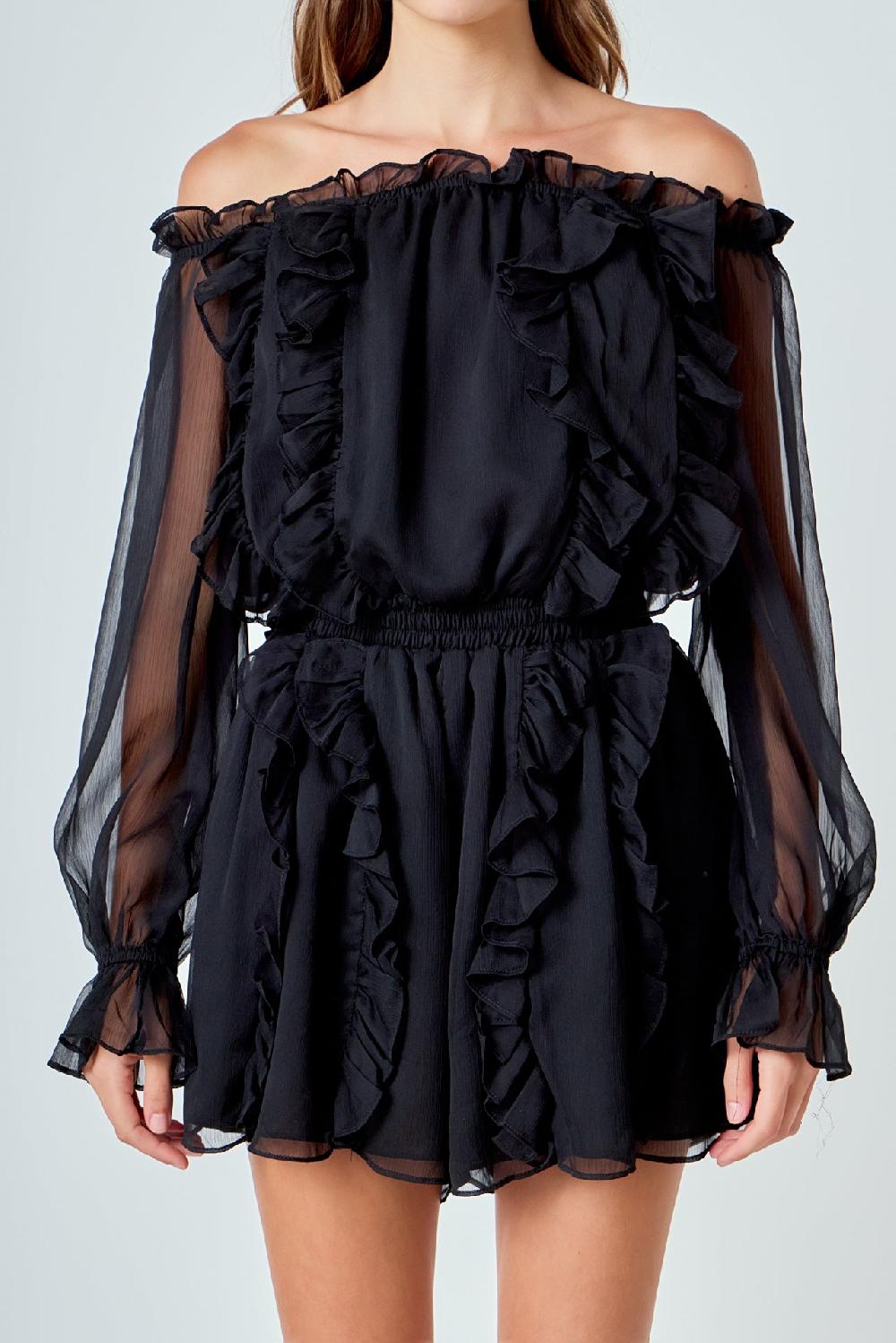 Endless Rose Off The Shoulder Ruffled Romper BLACK