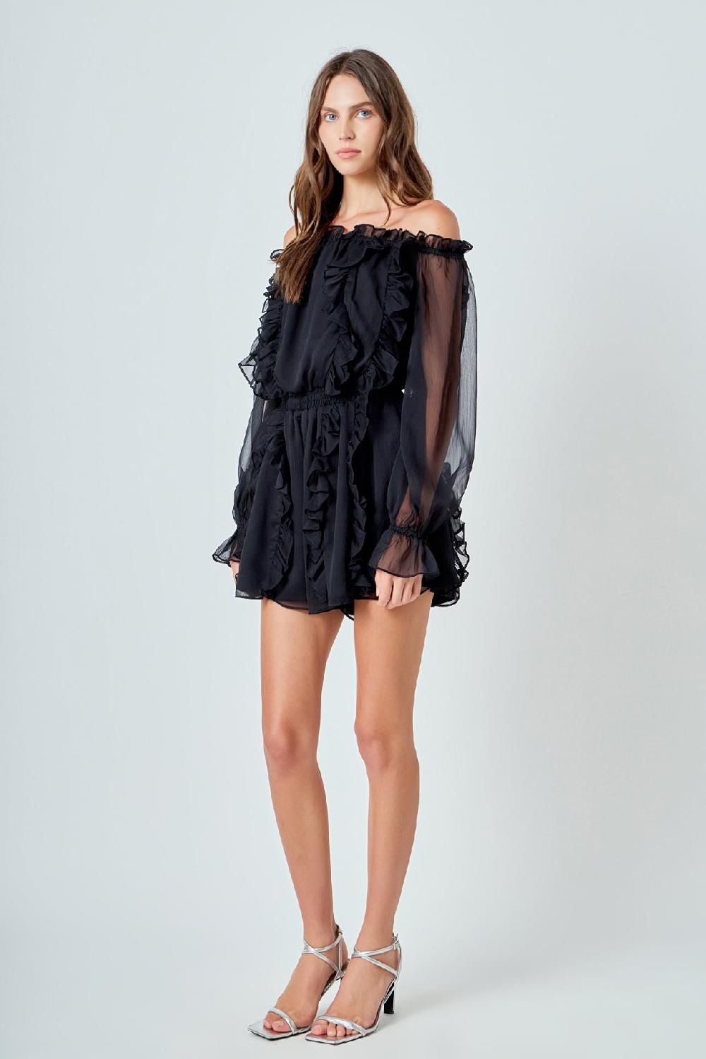 Endless Rose Off The Shoulder Ruffled Romper BLACK