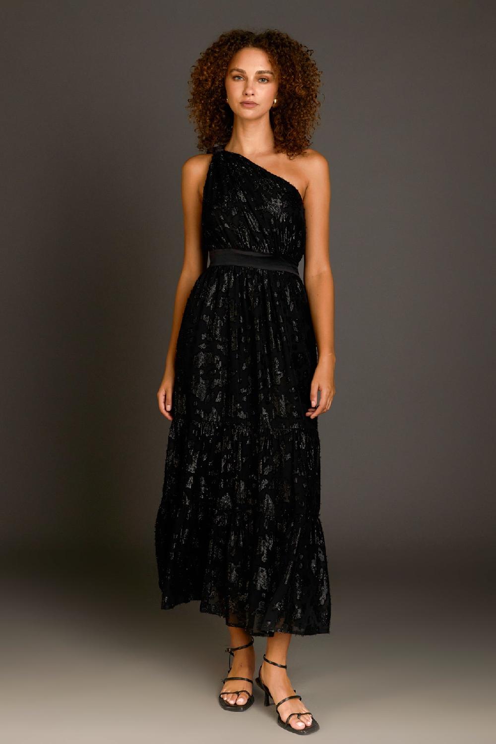 Endless Rose One Shoulder Chiffon Maxi Dress BLACK