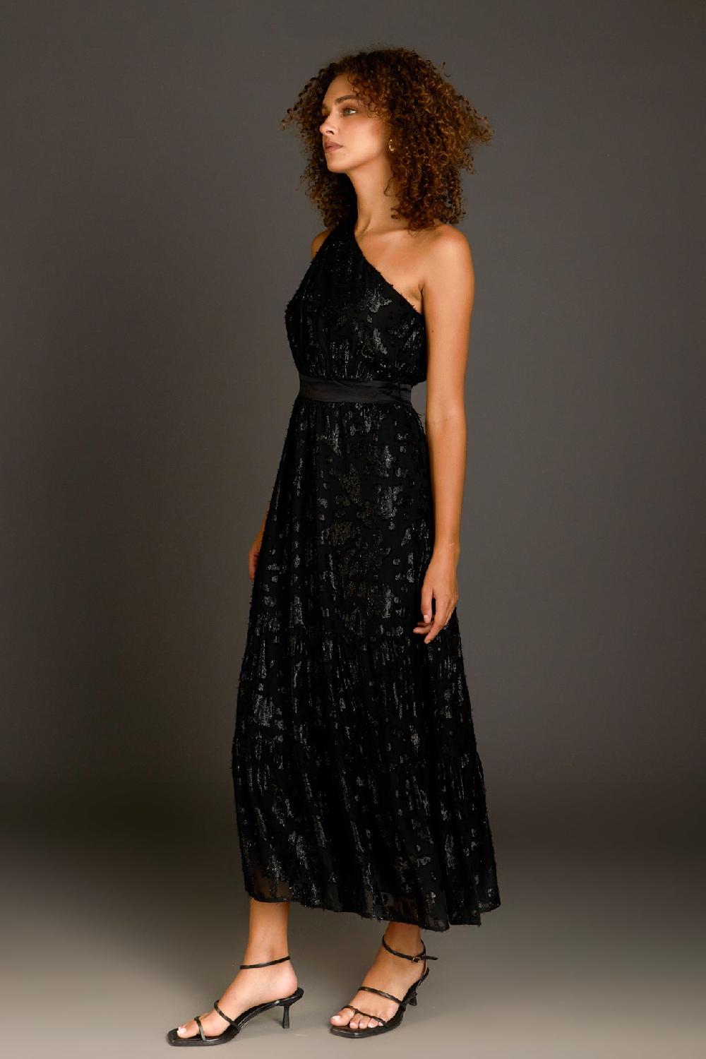 Endless Rose One Shoulder Chiffon Maxi Dress BLACK