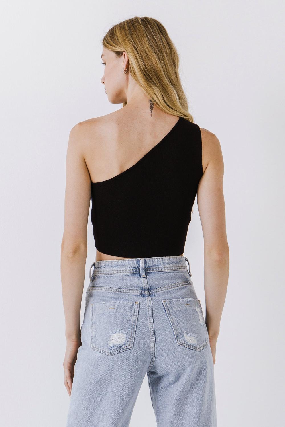 Endless Rose One Shoulder Knit Crop Top BLACK
