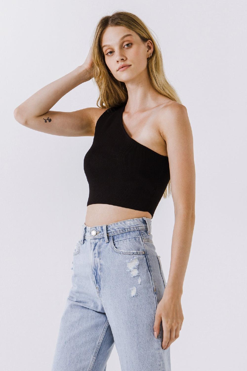 Endless Rose One Shoulder Knit Crop Top BLACK