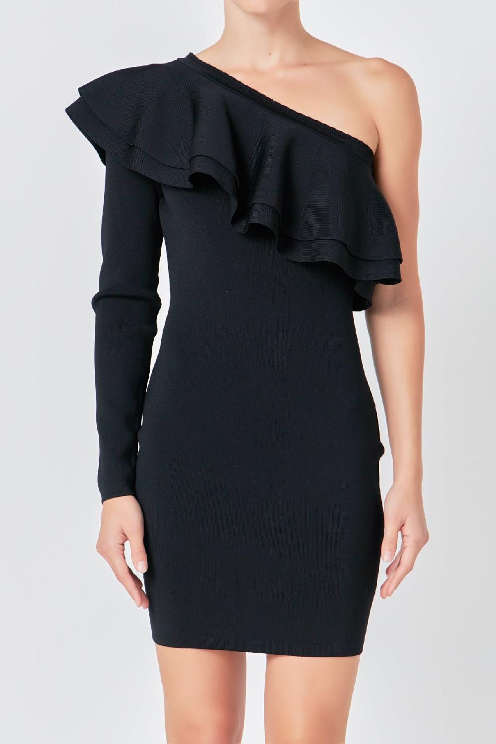 Endless Rose One Shoulder Knitted Mini Dress BLACK