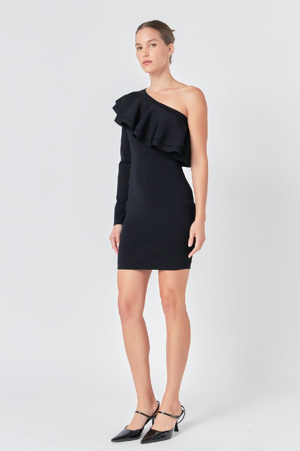 Endless Rose One Shoulder Knitted Mini Dress BLACK