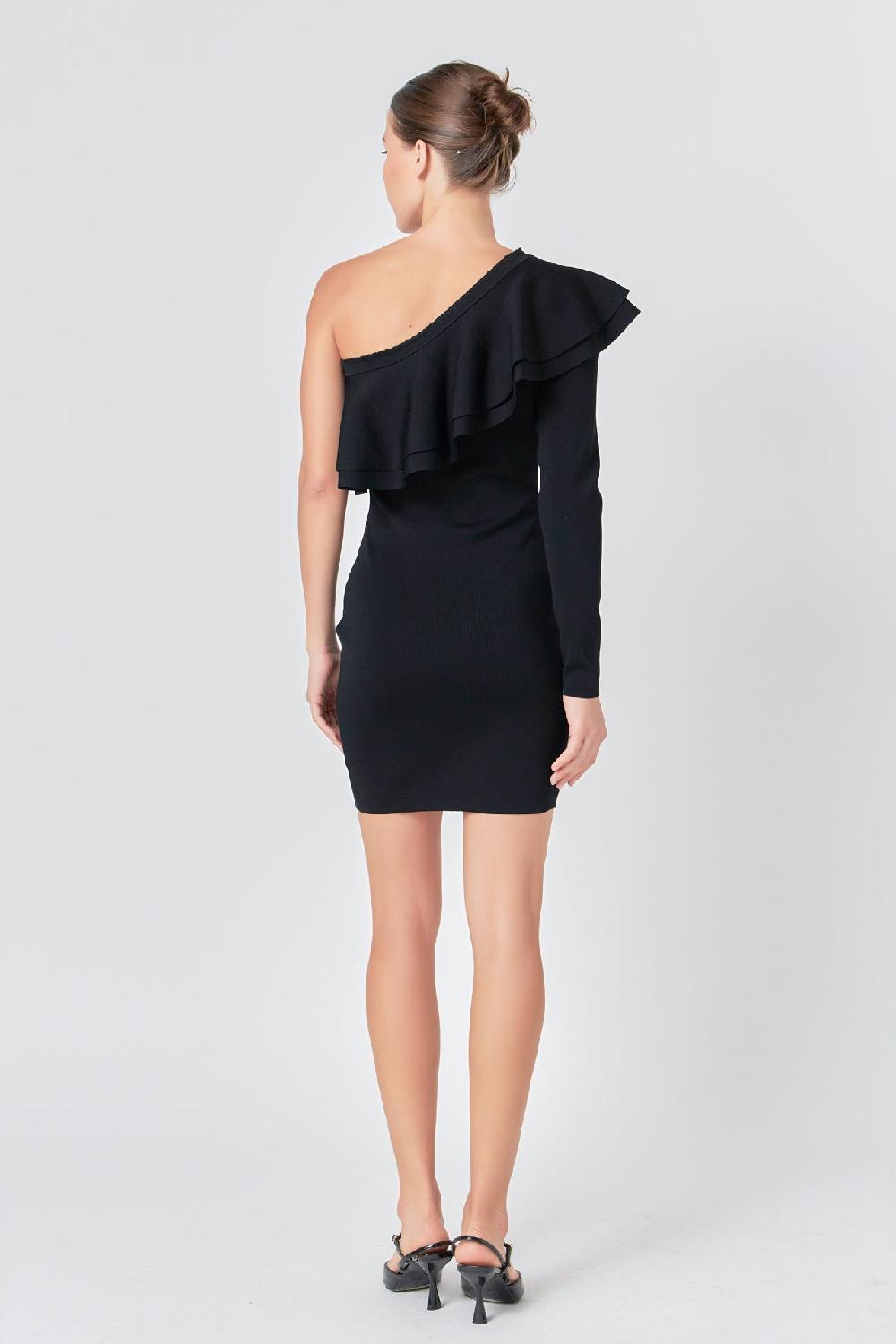Endless Rose One Shoulder Knitted Mini Dress BLACK