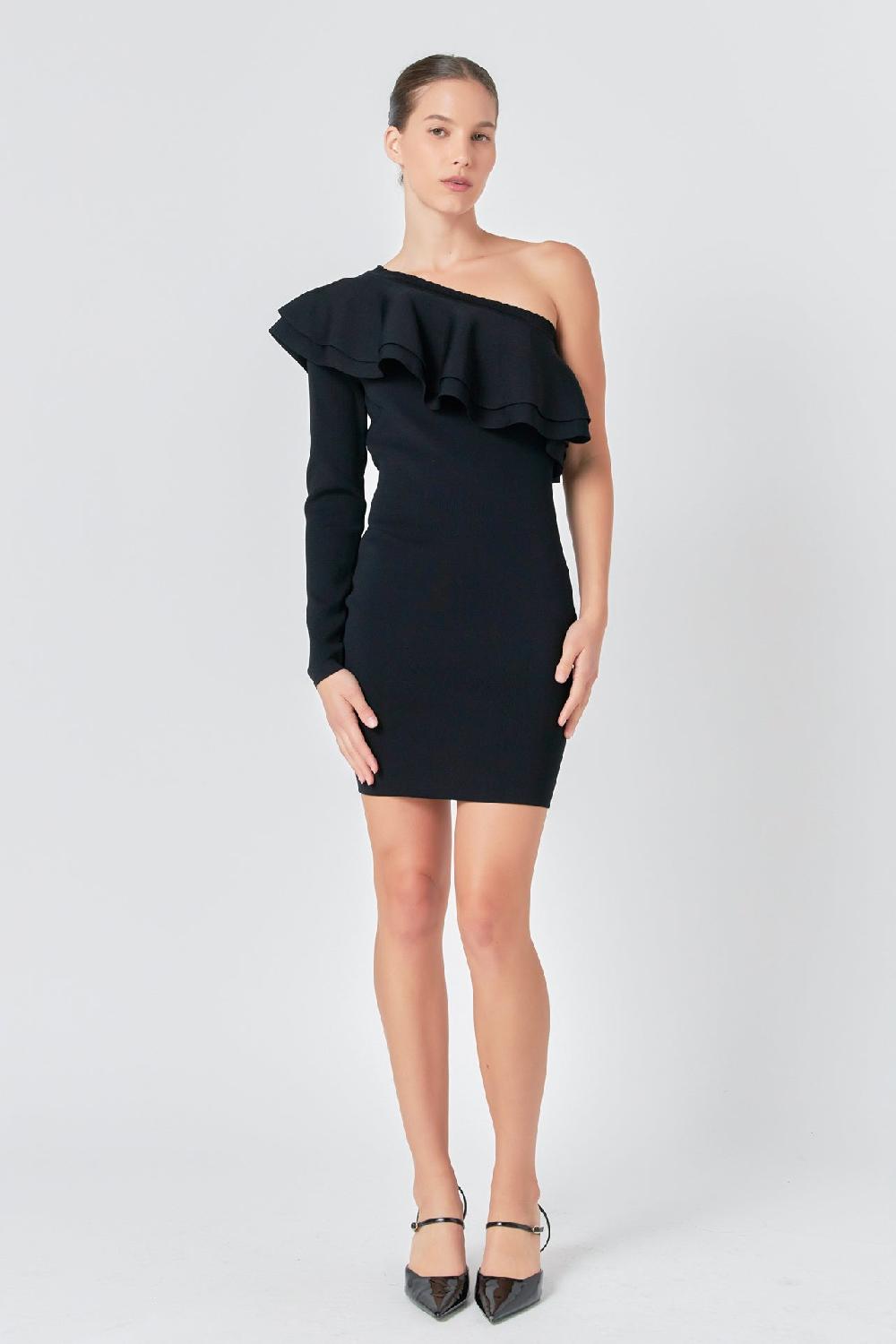 endless rose One Shoulder Knitted Mini Dress BLACK
