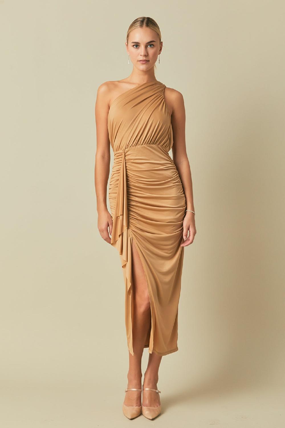 endless rose One Shoulder Maxi Dress TAN
