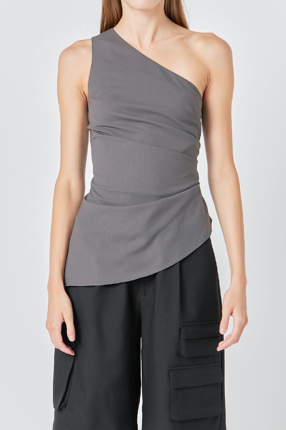 Endless Rose One Shoulder Ruched Top CHARCOAL
