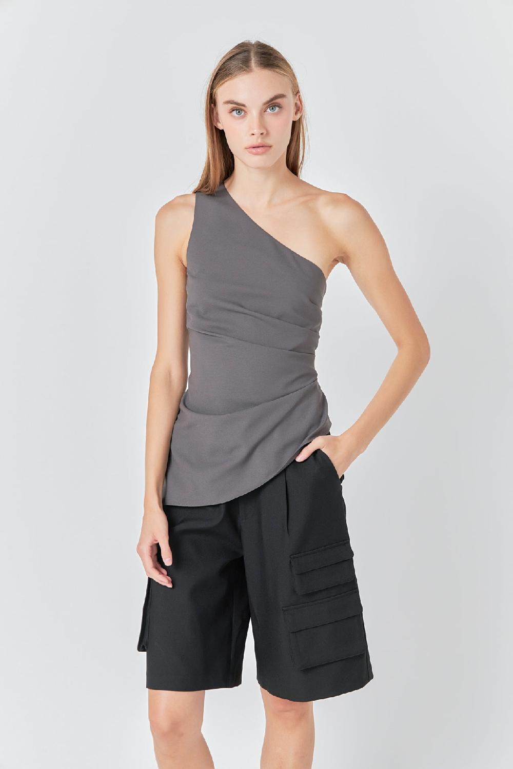 endless rose One Shoulder Ruched Top CHARCOAL