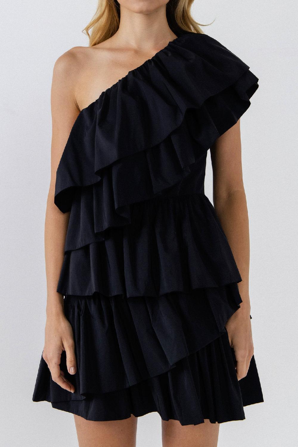Endless Rose One-Shoulder Ruffled Mini Dress BLACK