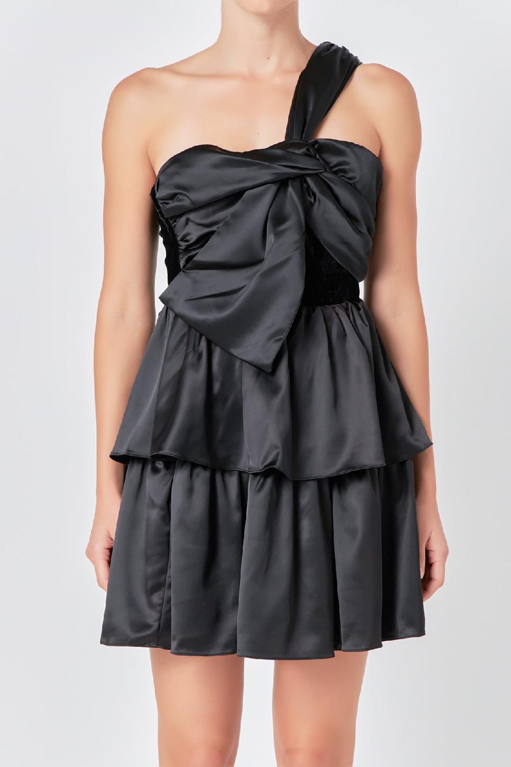 Endless Rose One-Shoulder Satin Mini Dress BLACK