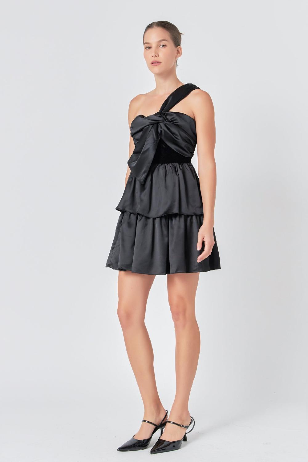 Endless Rose One-Shoulder Satin Mini Dress BLACK