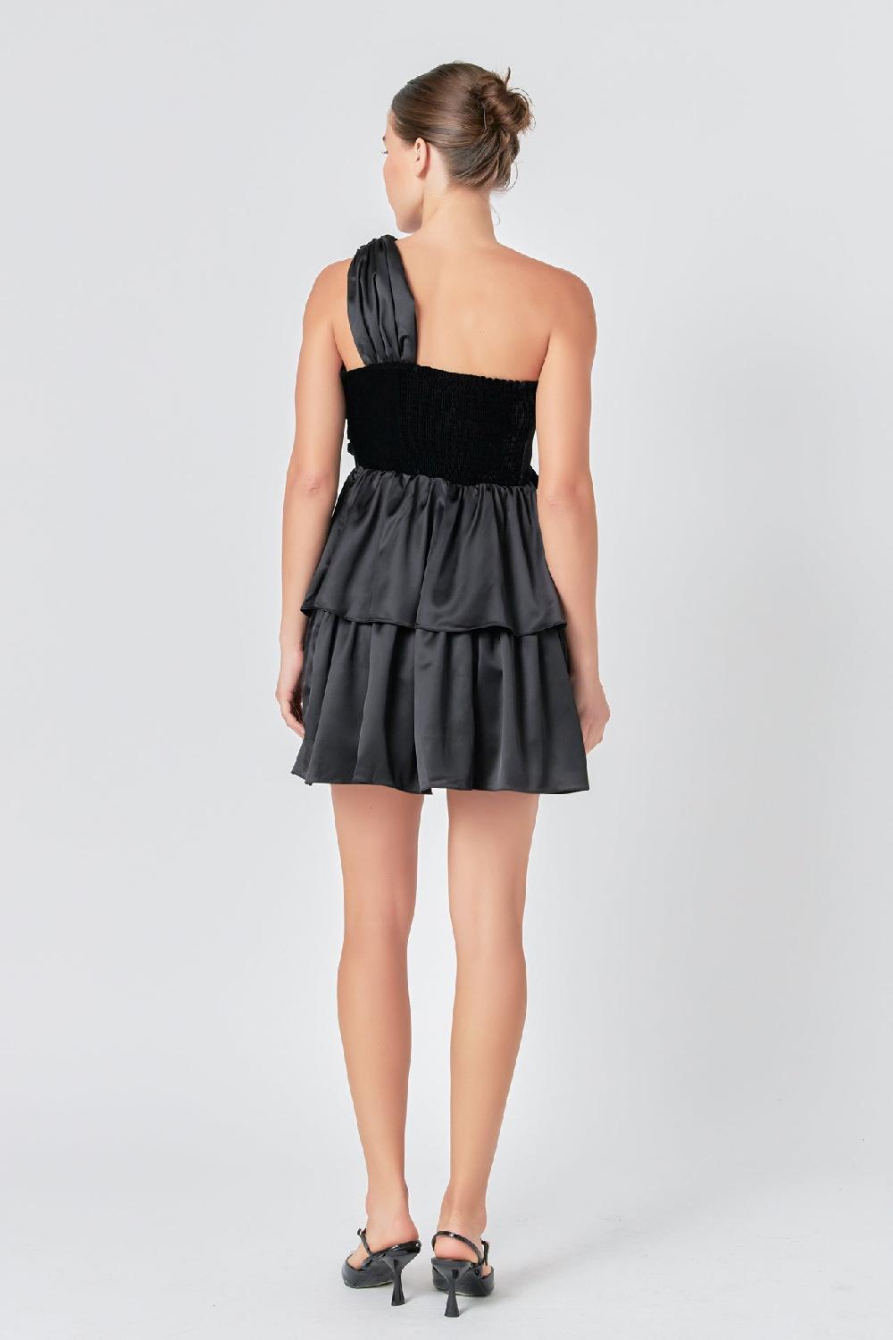 Endless Rose One-Shoulder Satin Mini Dress BLACK