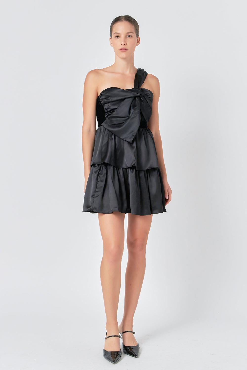 endless rose One-Shoulder Satin Mini Dress BLACK