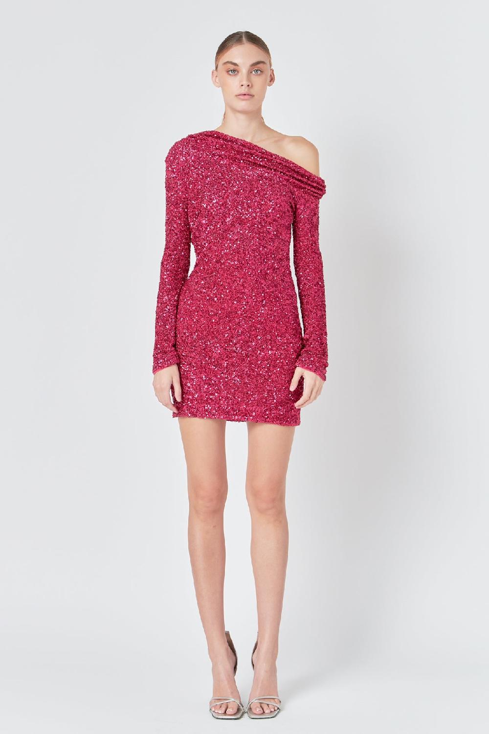 endless rose One Shoulder Sequins Dress BERRY