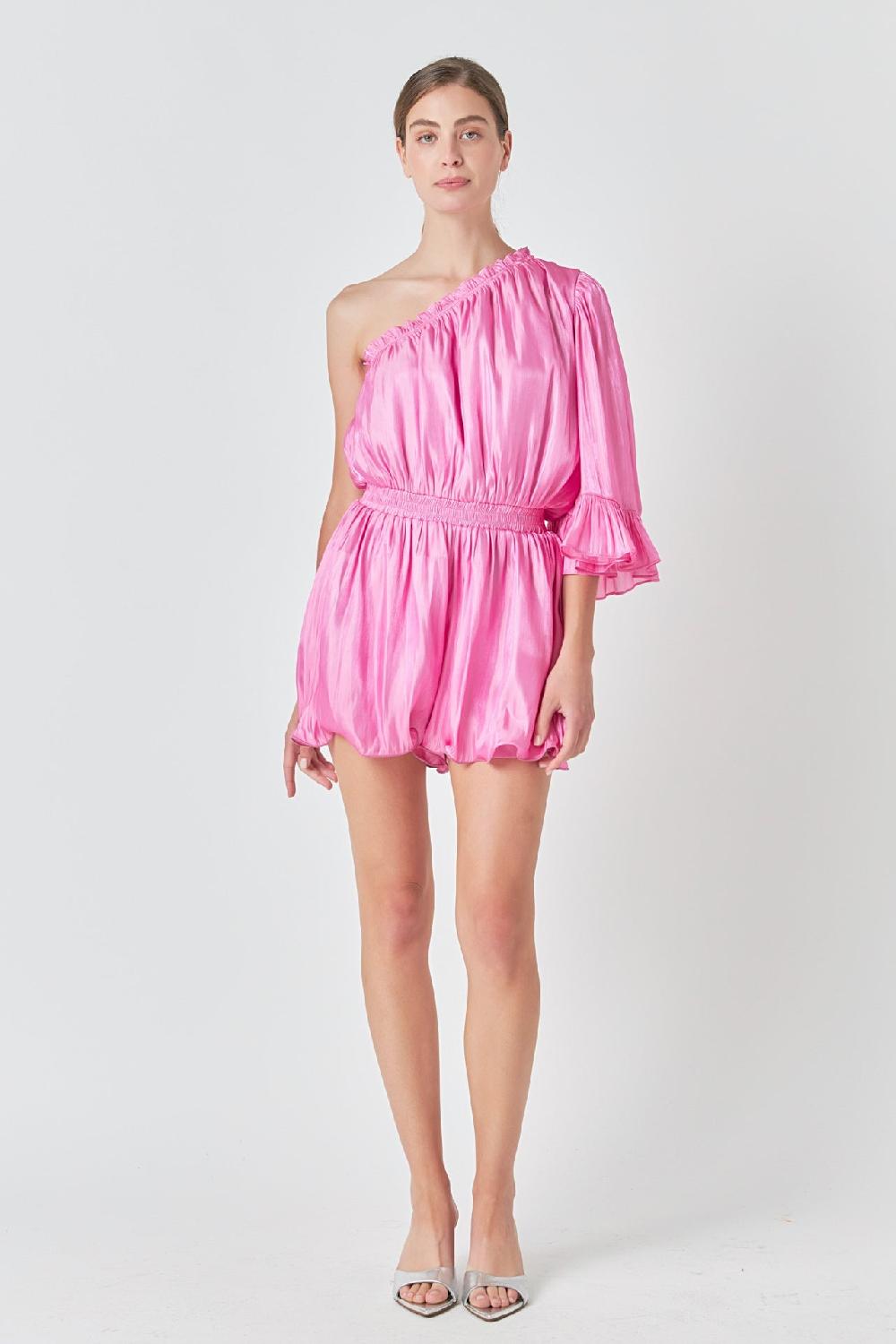endless rose One Shoulder Shiny Romper PINK