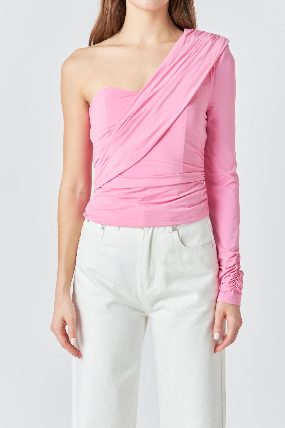 Endless Rose One Shoulder Shirred Knit Top PINK