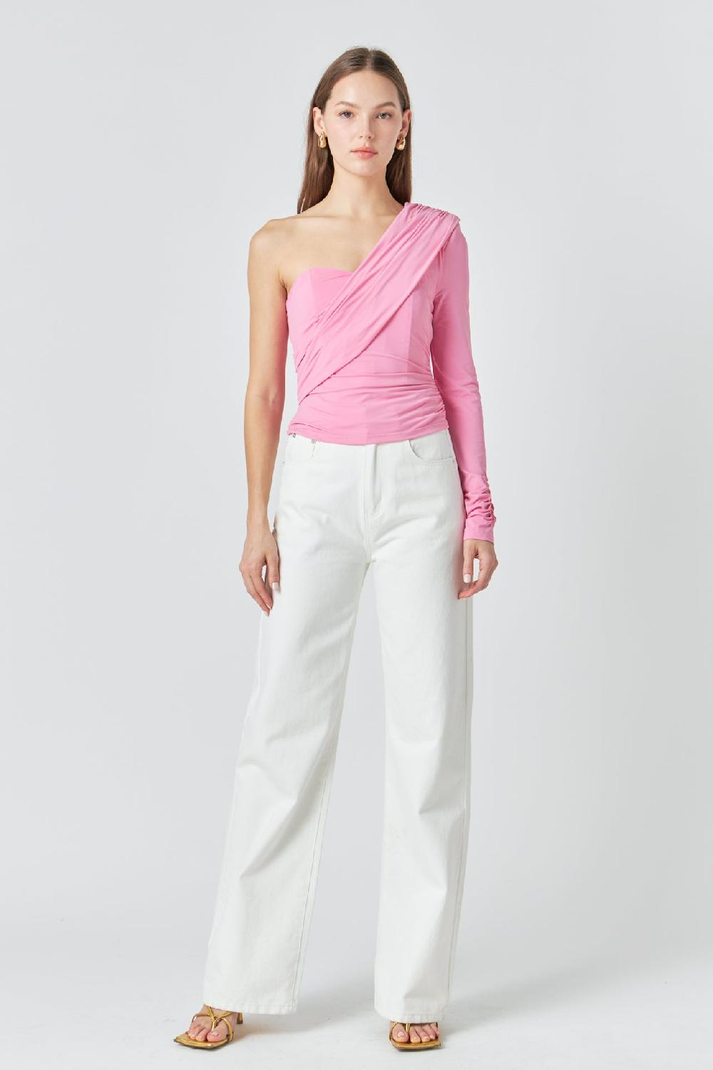 endless rose One Shoulder Shirred Knit Top PINK