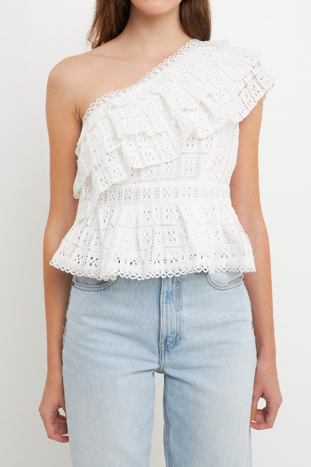 Endless Rose One Shoulder Square Laced Top WHITE