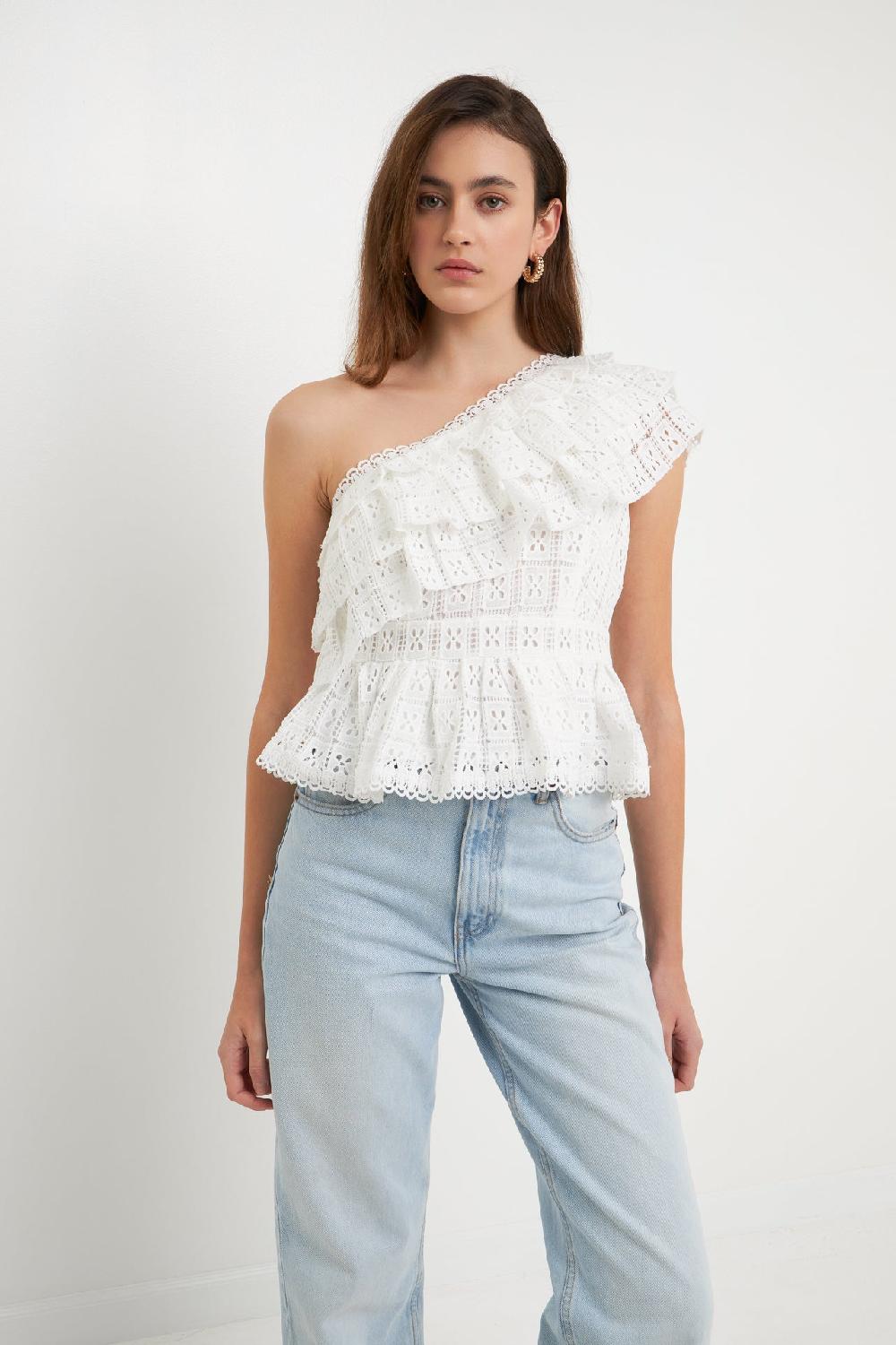 Endless Rose One Shoulder Square Laced Top WHITE