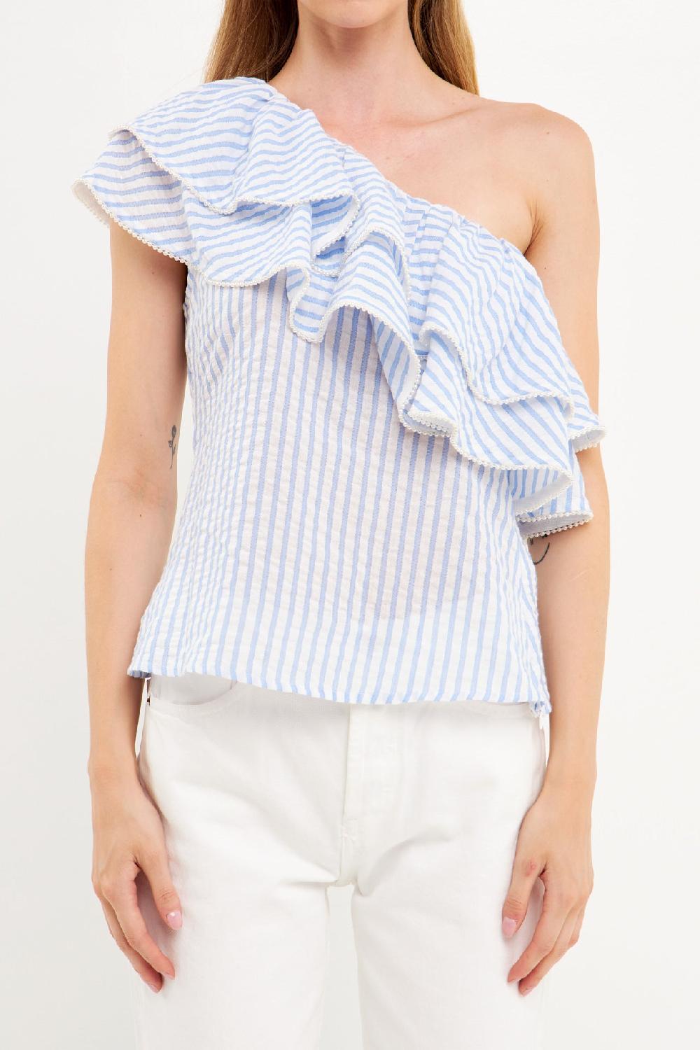Endless Rose One Shoulder Stripe Top BLUE MULTI